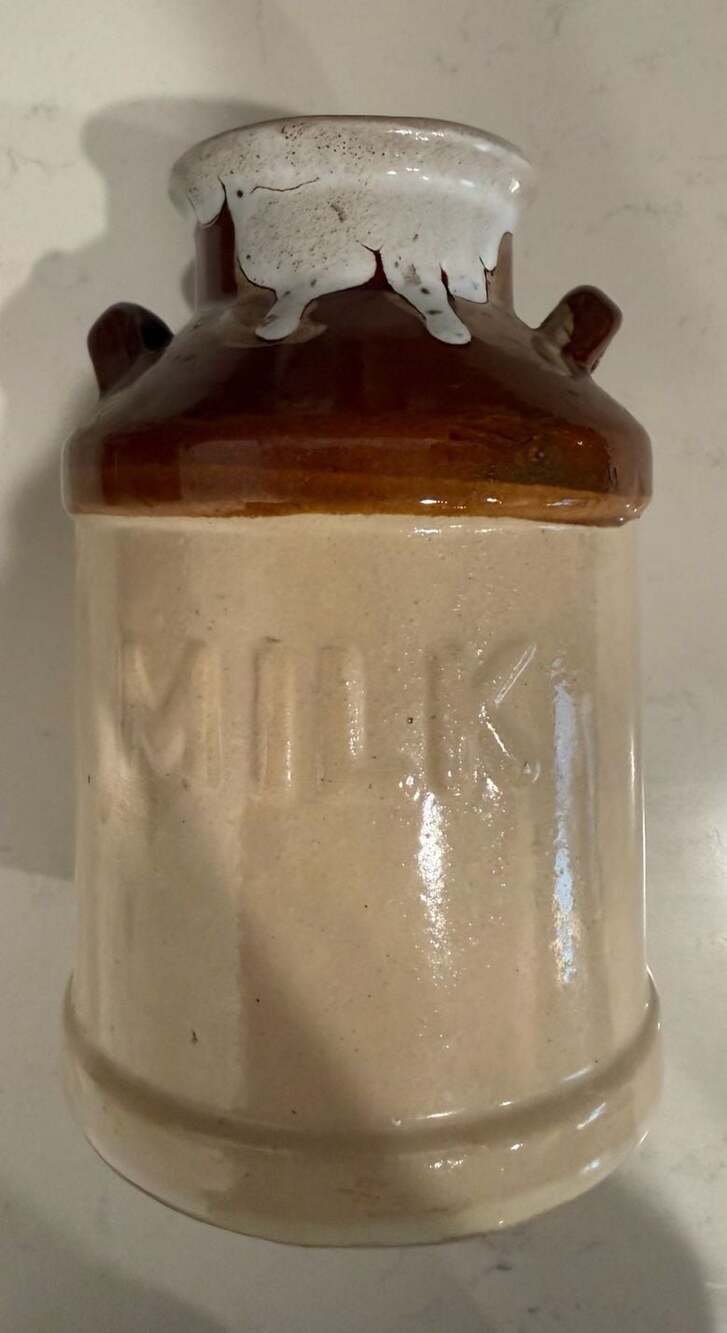 Vintage Enesco Stoneware Milk Crock Jug with Two-Tone Drip Glaze